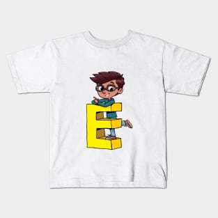 boy stands on the capital letter E Kids T-Shirt